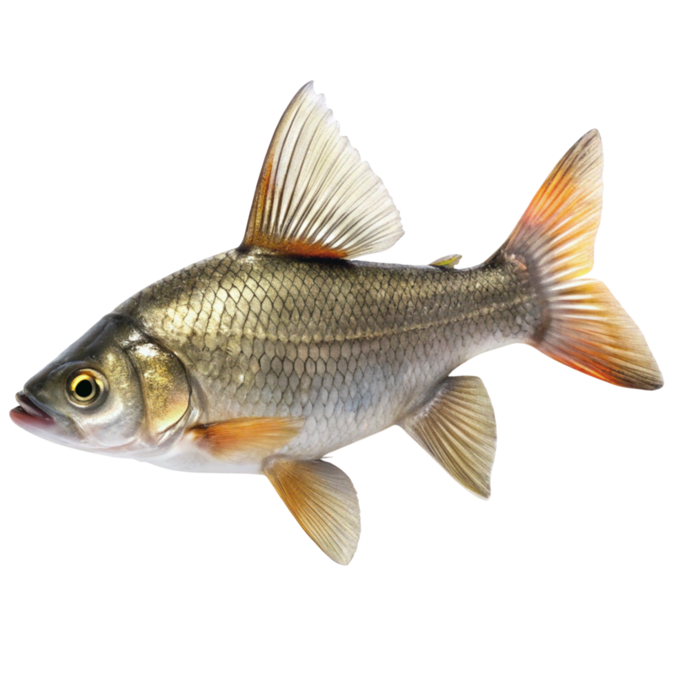 Close up of a silver fish with scales and vibrant fins, ideal for seafood, fishing, or natural wildlife concepts. png