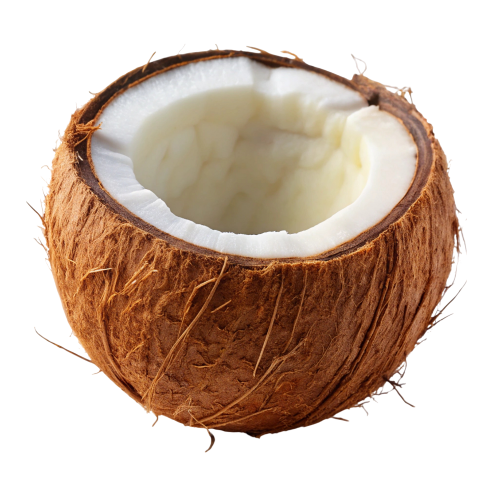 Natural whole coconut with fibrous husk and open coconut half showing white interior on Transparent Background png