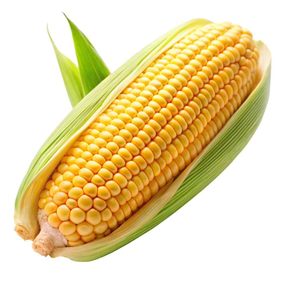 Organic corn cobs with green leaves, showcasing a wholesome and versatile vegetable for culinary and agricultural themes. png