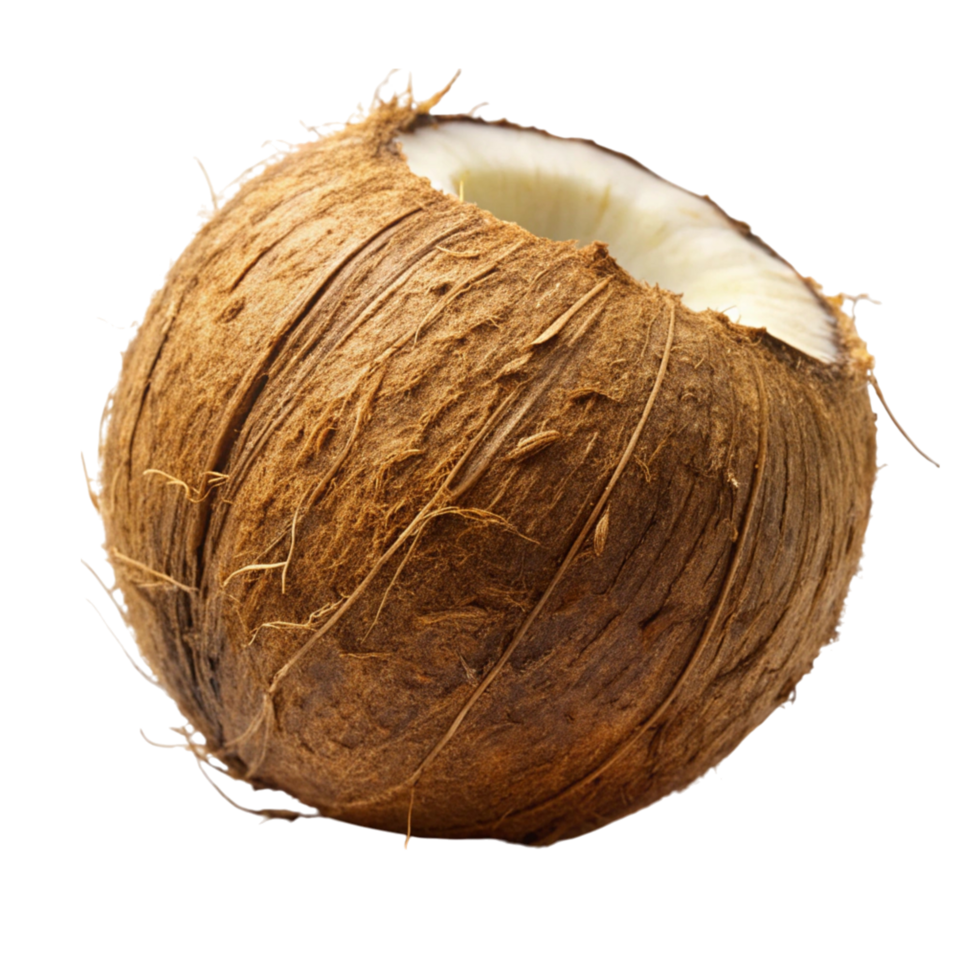 Close up of organic coconut in full and half with textured shell and coconut meat isolated on white png
