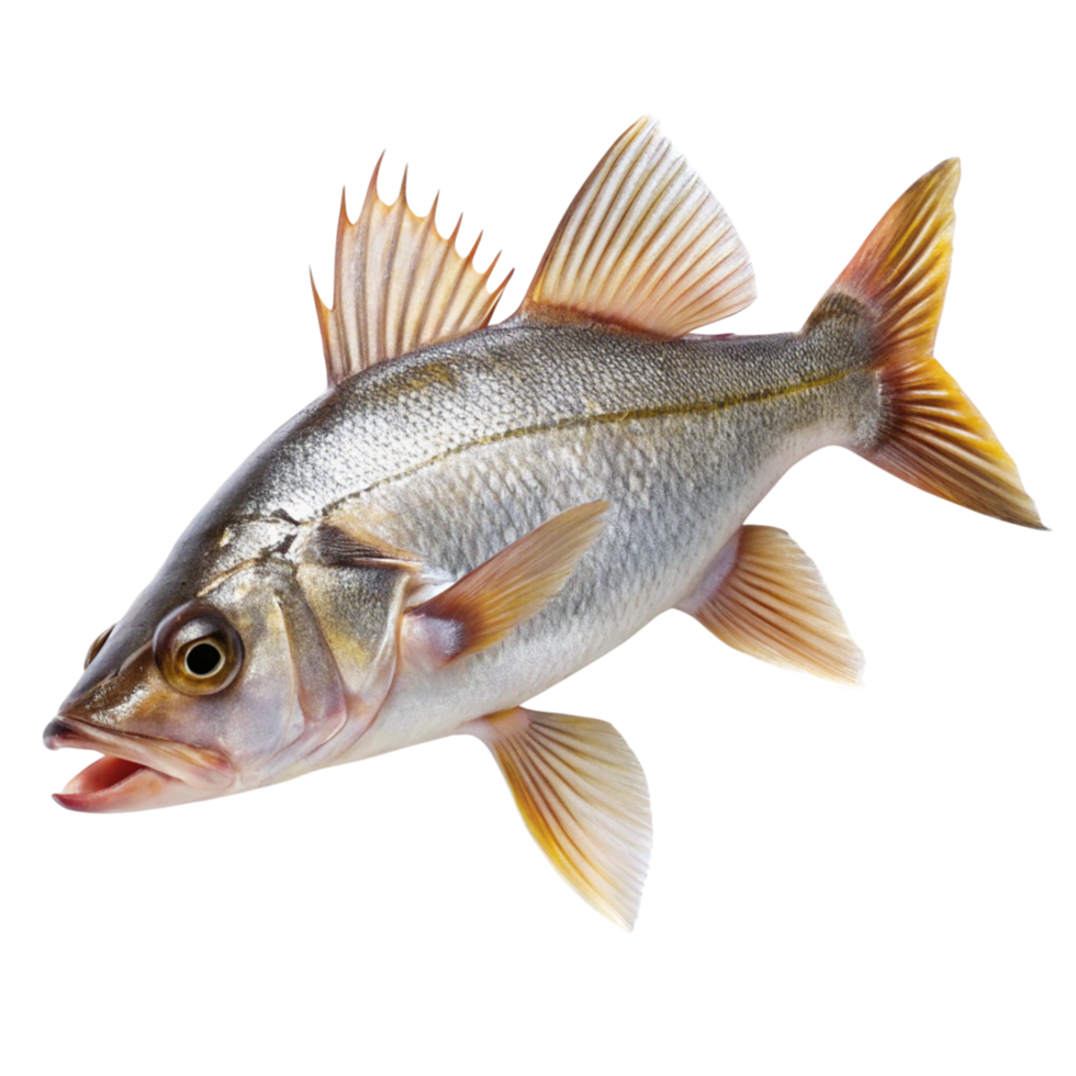Fresh whole fish with silver scales and detailed fins, isolated on Transparent Background, perfect for culinary and aquatic themes. png