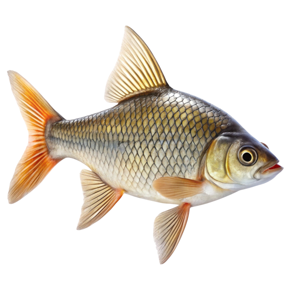 Whole fish with shiny scales and distinct fin structure, representing freshness, aquatic life, and nutrition. png