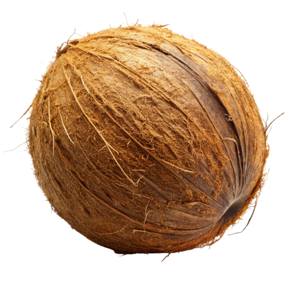 Brown tropical coconut in husk and open half with fresh coconut flesh isolated on Transparent Background png