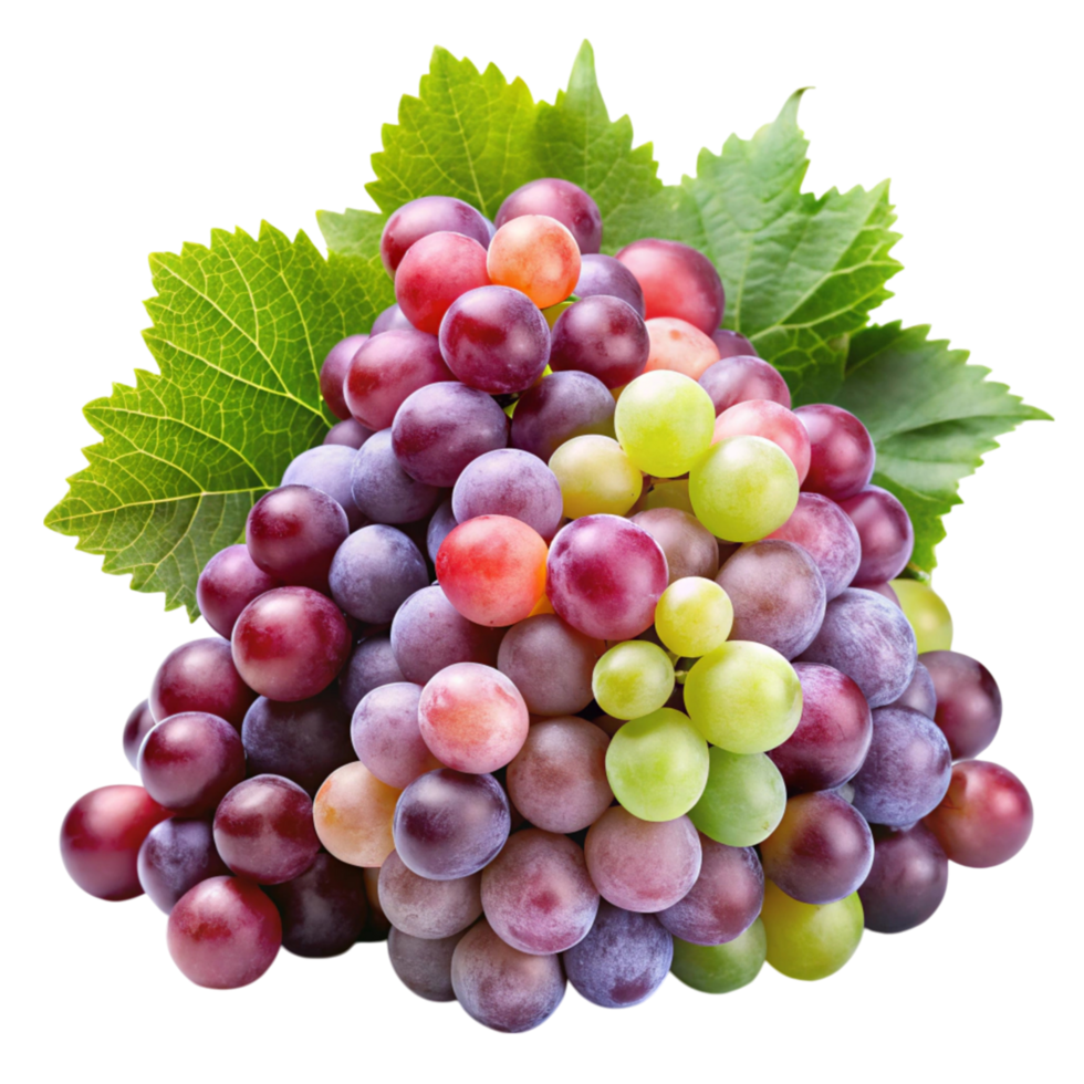 Fresh, colorful bunch of grapes with green leaves, isolated on Transparent Background, ideal for healthy eating and fruit themes. png