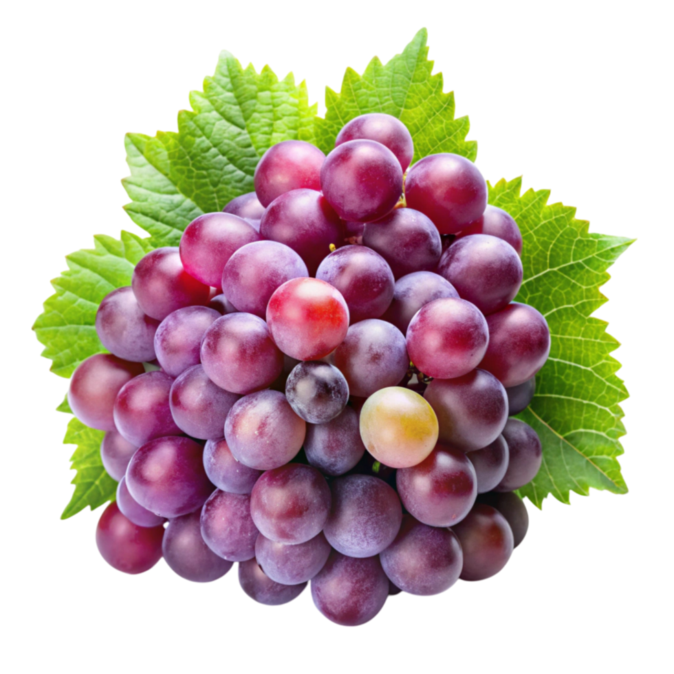 Assorted grapes in various shades with bright green leaves, ideal for food, wine, and wellness concepts. png