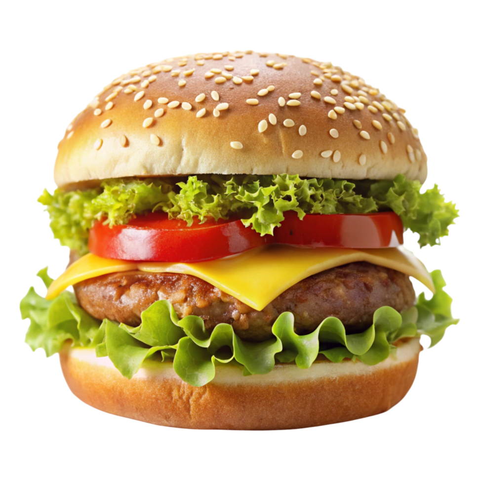 Freshly made burger with melted cheese, crispy lettuce, and ripe tomato, representing a tasty and hearty meal option. png