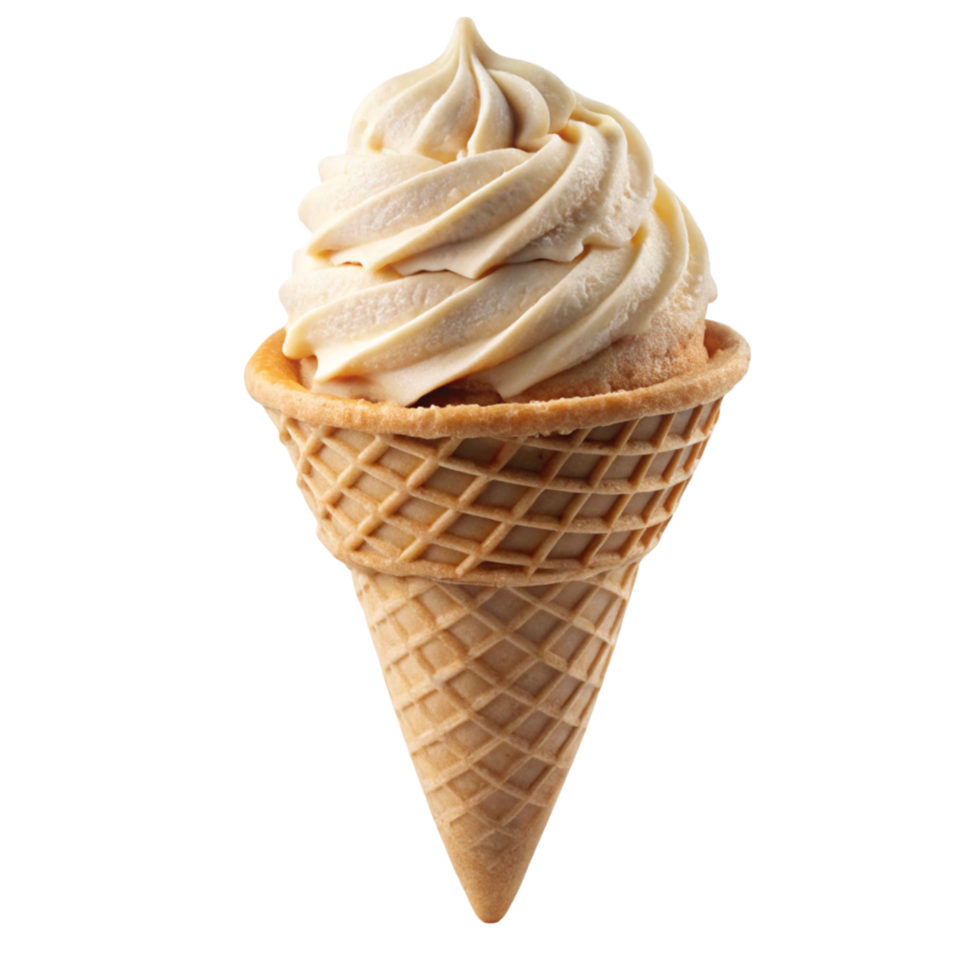 Classic waffle cone filled with smooth, delicious ice cream, ideal for warm weather and sweet cravings. png