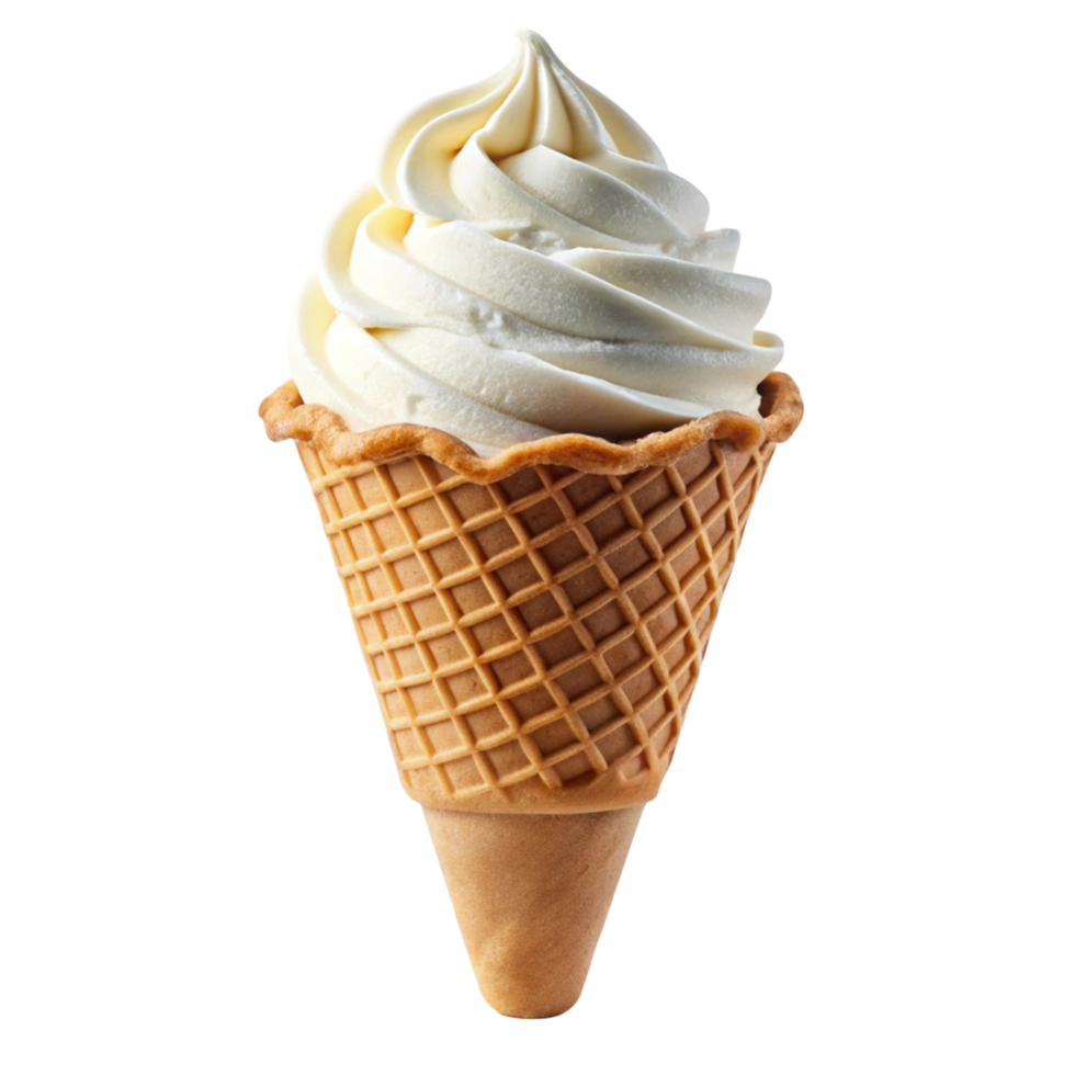 Soft serve vanilla ice cream swirled in a waffle cone, perfect for summer, dessert, and sweet treat themes. png