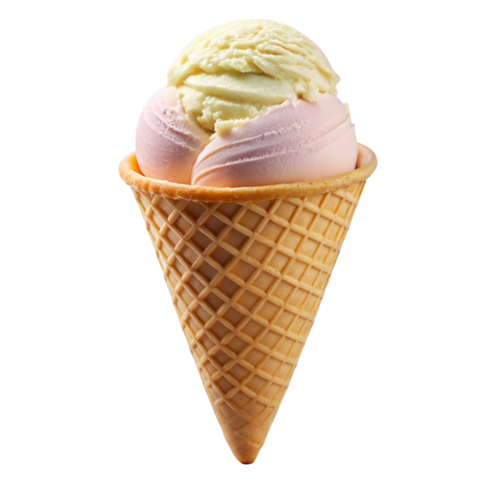 Double scoop ice cream cone with vanilla and strawberry flavors in a classic waffle cone, isolated on Transparent Background. png