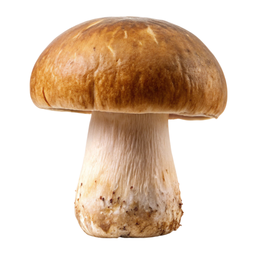 Fresh whole porcini mushroom with smooth cap and textured stem, isolated on Transparent Background, perfect for culinary use. png