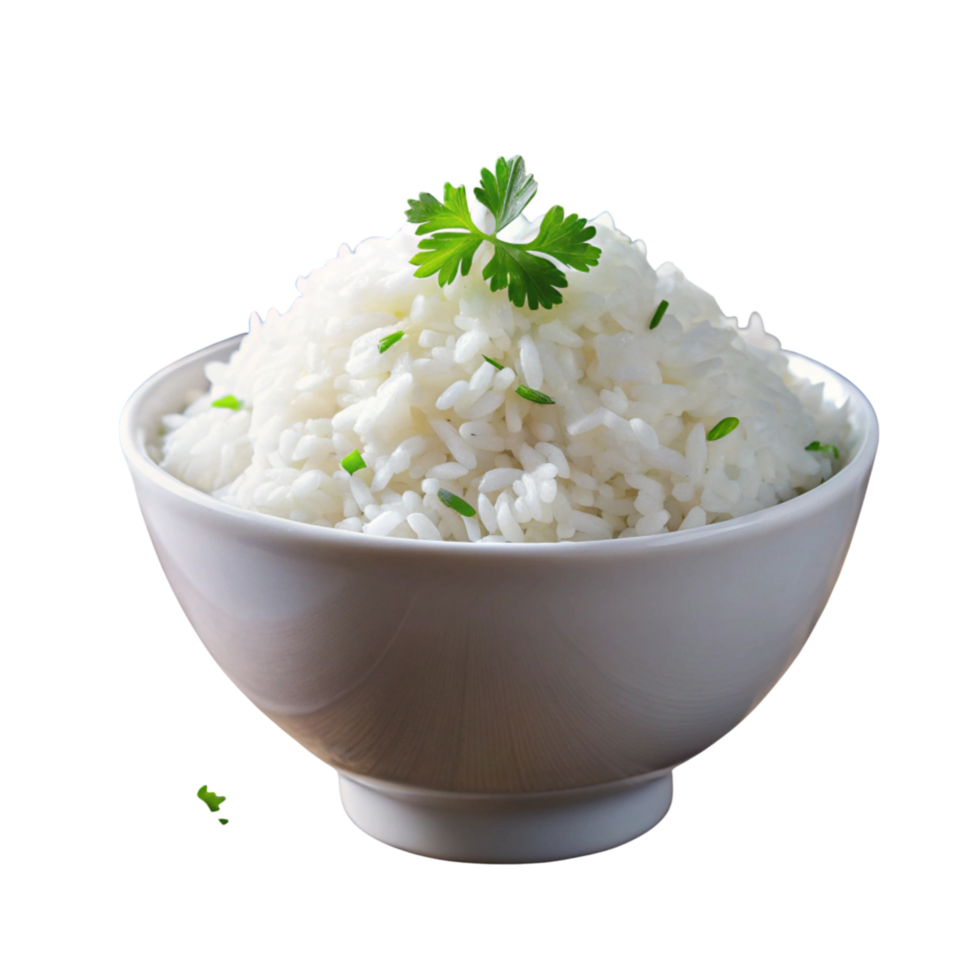 Bowl of warm white rice with parsley garnish, representing a versatile and nutritious side dish for any meal. png