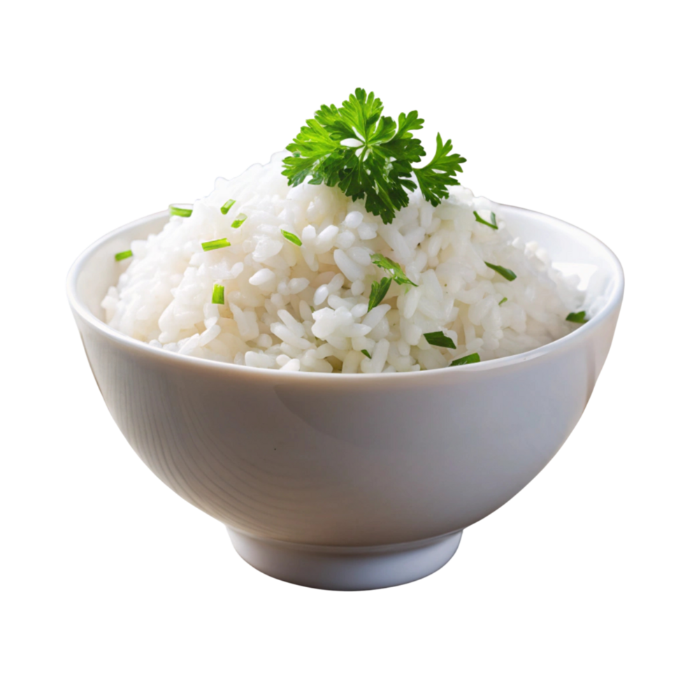 Freshly cooked plain rice in a white bowl with green herb garnish, perfect for healthy eating and culinary simplicity. png