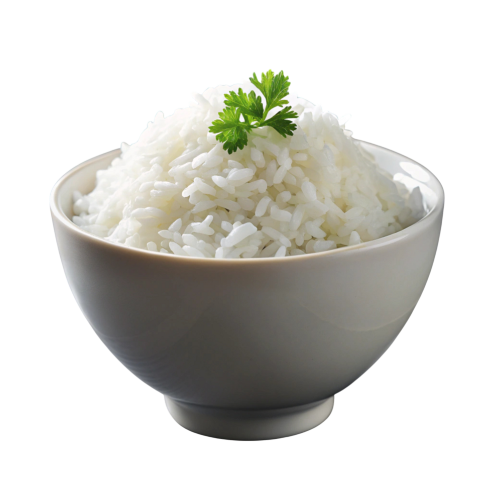 Steaming bowl of white rice garnished with fresh parsley, ideal for healthy, simple meal concepts, isolated on Transparent Background. png