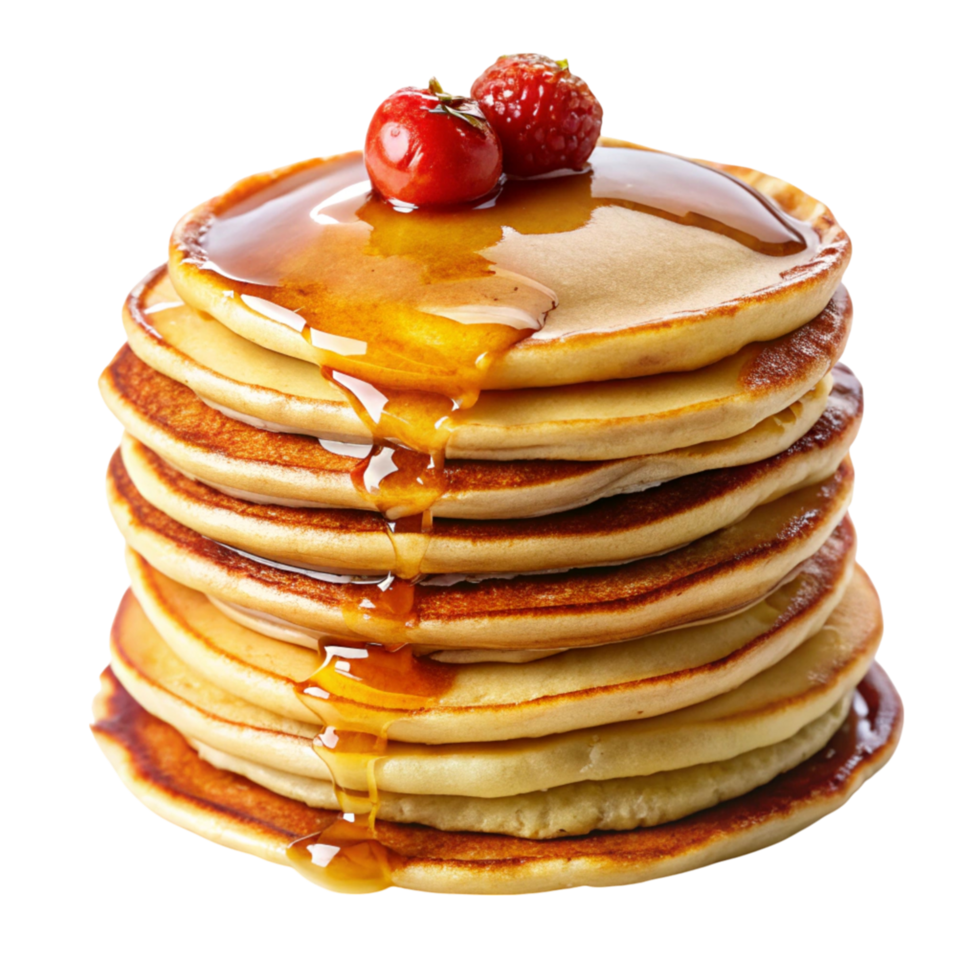 Stack of golden pancakes topped with fresh blueberries, strawberry, and maple syrup drizzling down, perfect for breakfast themes. png