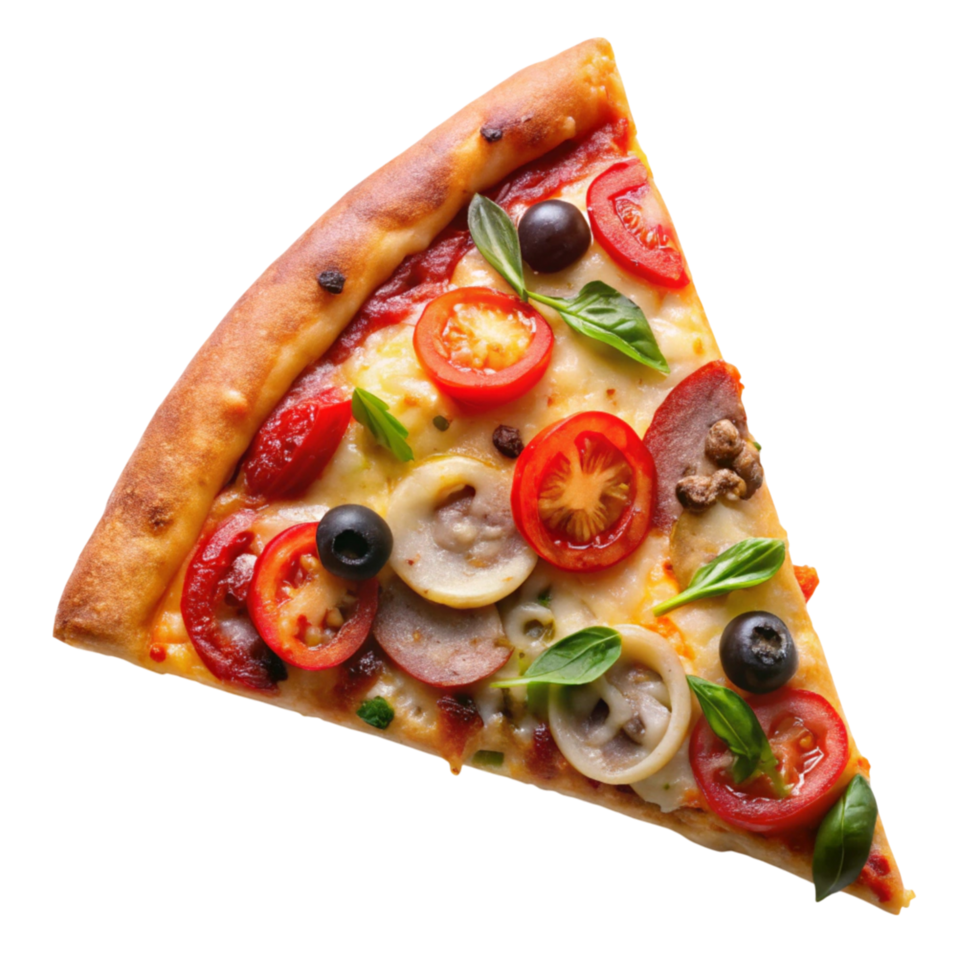 Slice of delicious Italian pizza topped with tomatoes, olives, mushrooms, and fresh basil, isolated on Transparent Background. png