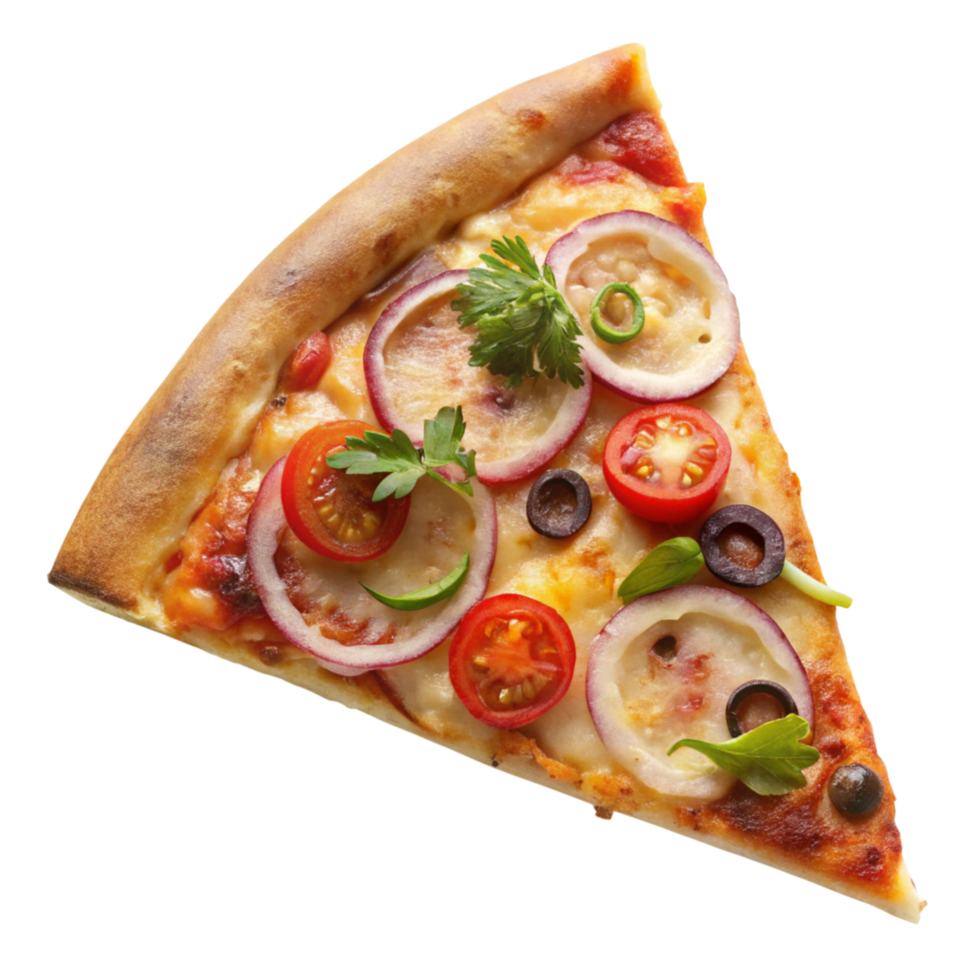 Tasty pizza slice featuring vibrant toppings like tomato, black olives, mushrooms, and basil, ideal for food and snack themes. png