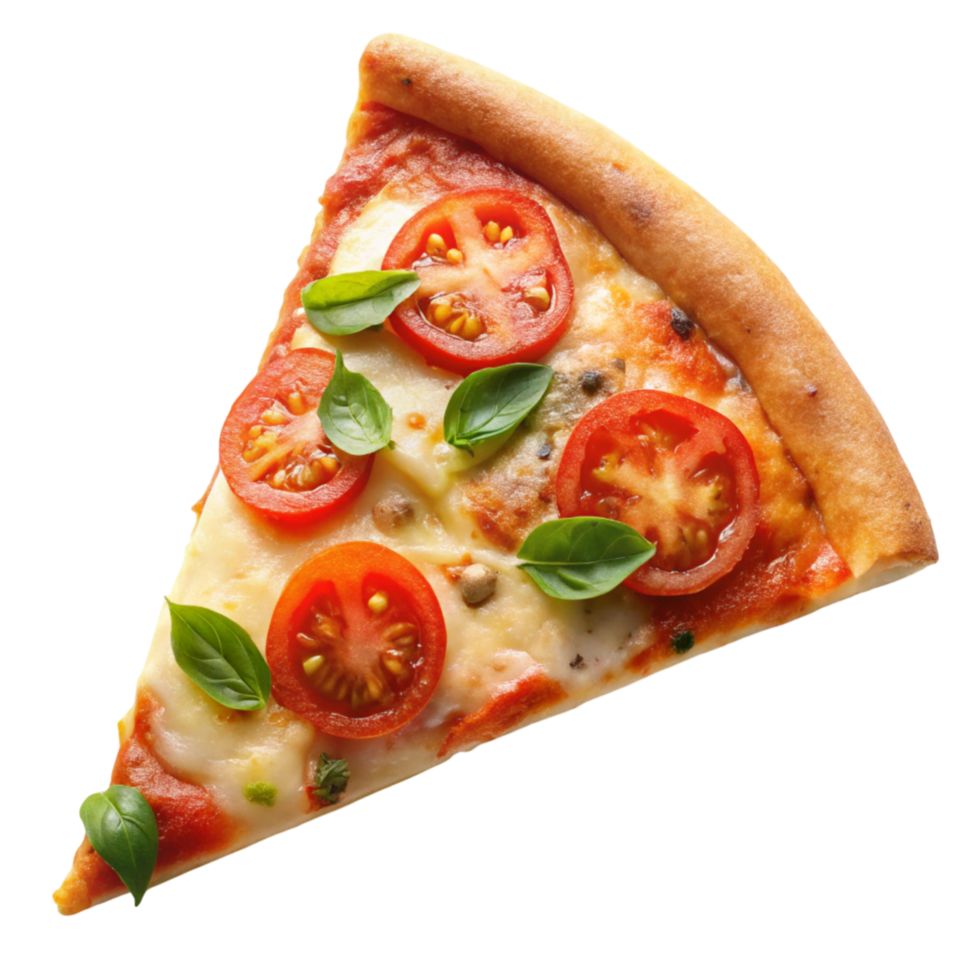 Close up of a pizza slice loaded with colorful toppings including tomato, basil, olives, and cheese, perfect for Italian cuisine. png