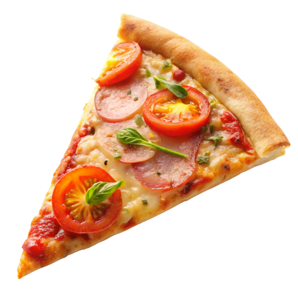 Gourmet pizza slice with fresh vegetables, cheese, and herbs, highlighting Mediterranean flavors and Italian tradition. png