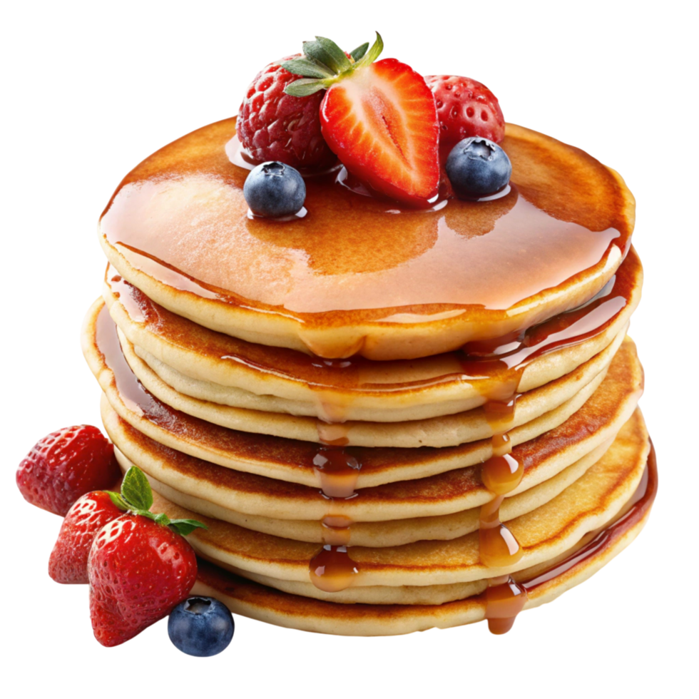Mouthwatering stack of pancakes with blueberries, strawberry, and syrup, capturing the essence of a hearty morning meal. png