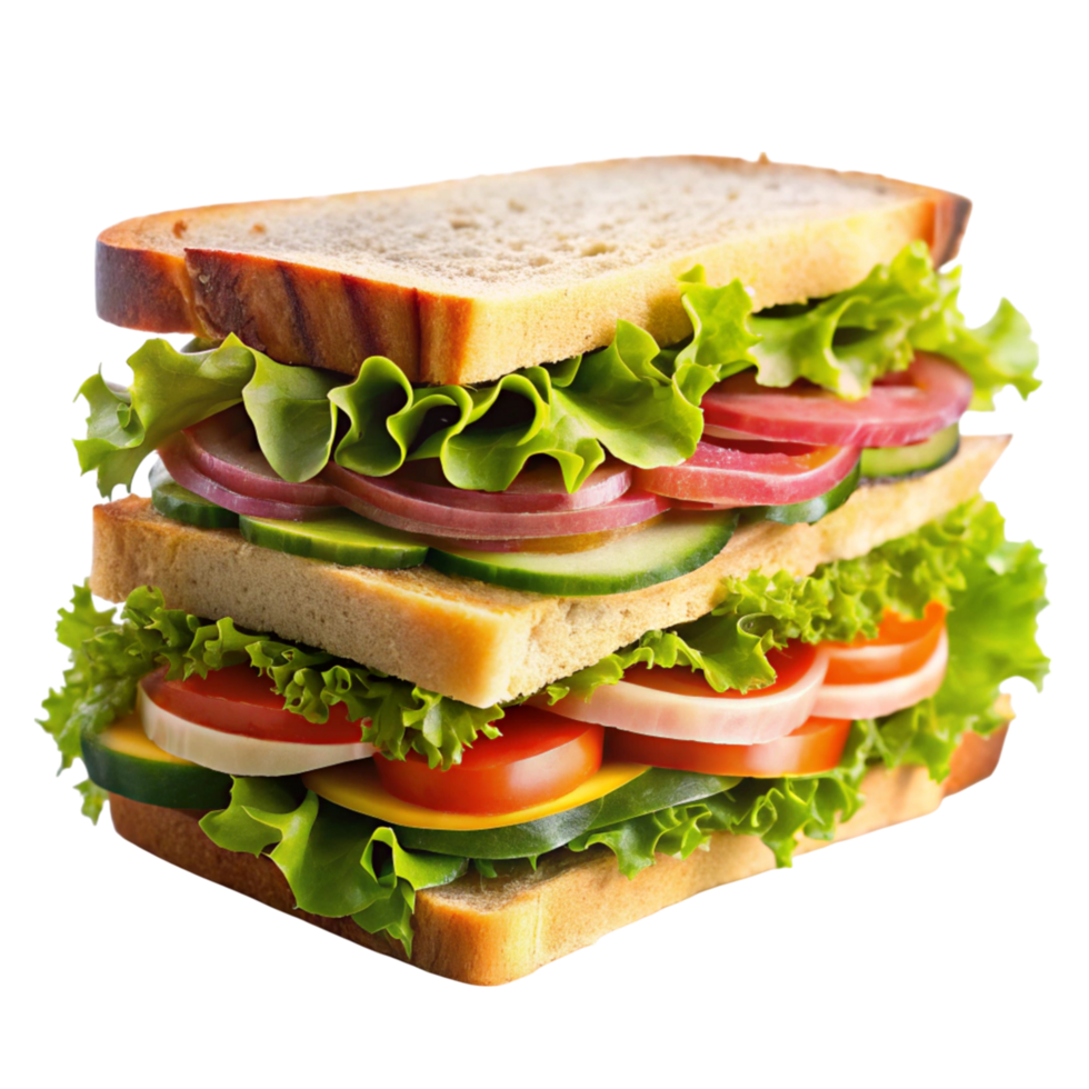 Freshly made ham and cheese sandwich with crisp lettuce and juicy tomatoes, highlighting healthy and filling ingredients. png