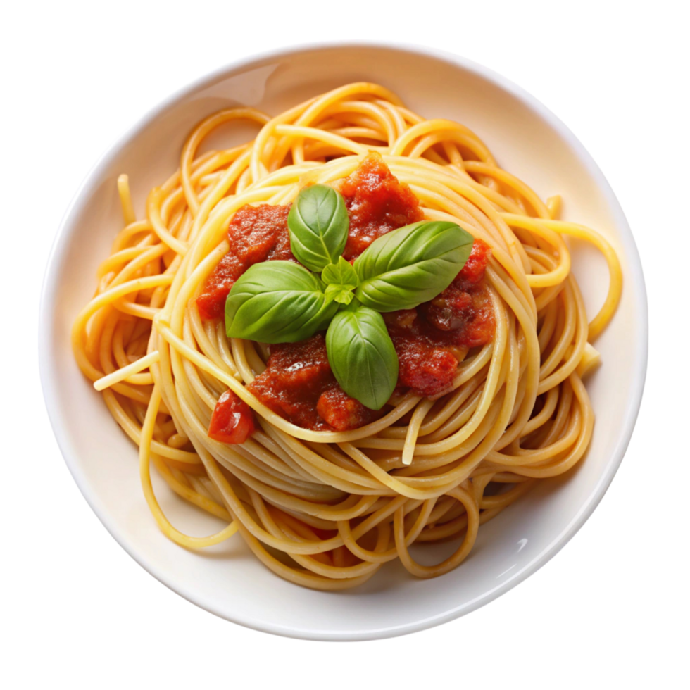 Freshly cooked spaghetti pasta with tomato sauce and basil garnish, highlighting Italian cuisine and Mediterranean flavors. png