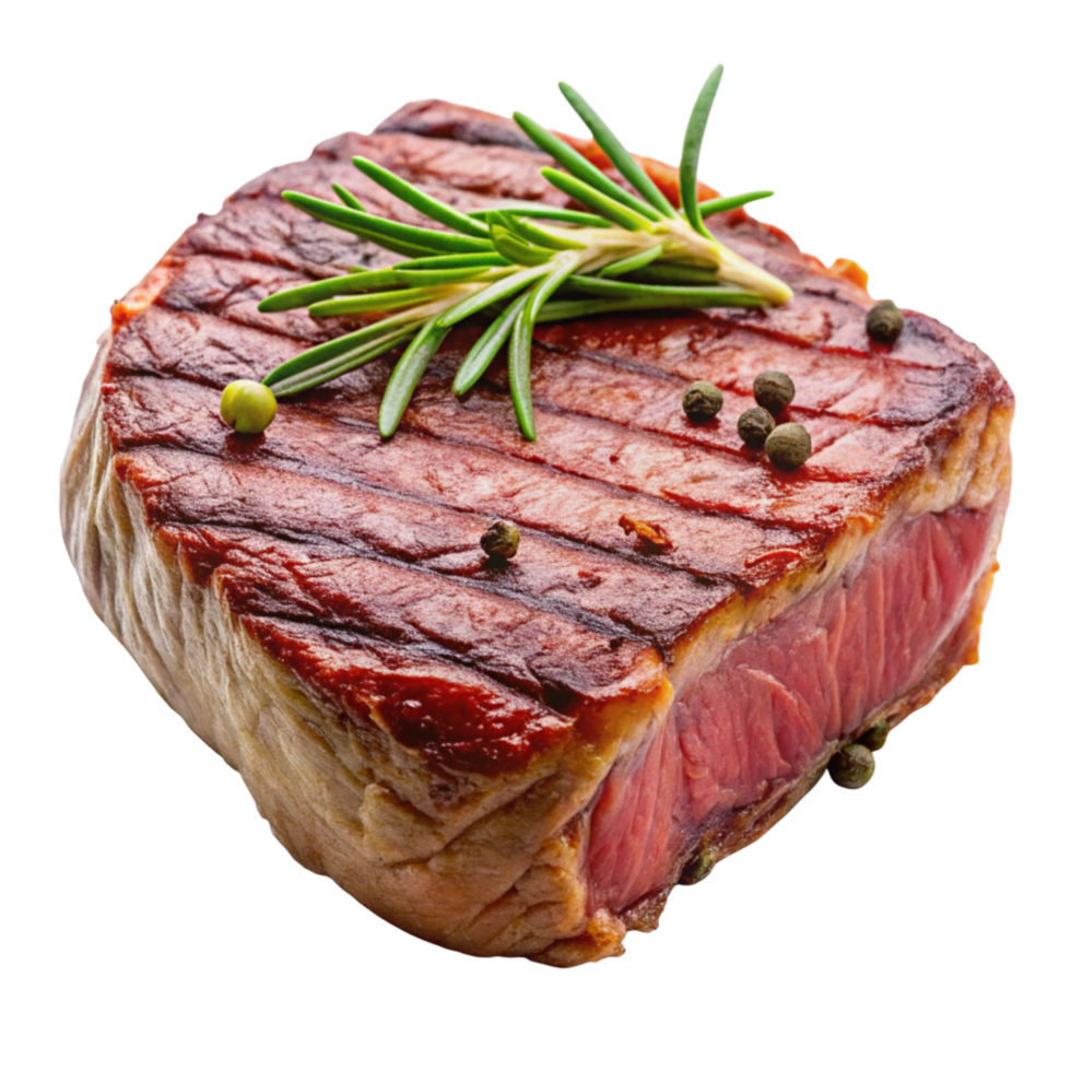 Juicy grilled steak with perfect sear marks, garnished with fresh rosemary and peppercorns, isolated on Transparent Background. png
