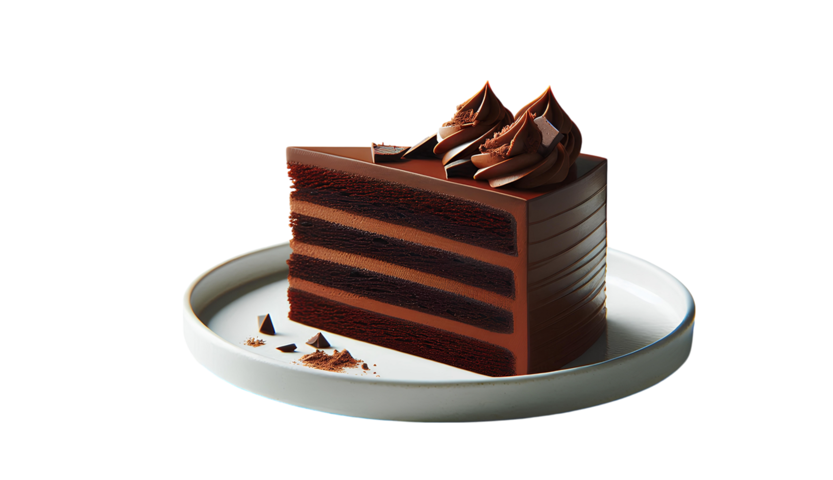 Decadent slice rich layered chocolate cake with creamy frosting and elegant piping on top, displayed on a simple white plate for a luxurious dessert experience png