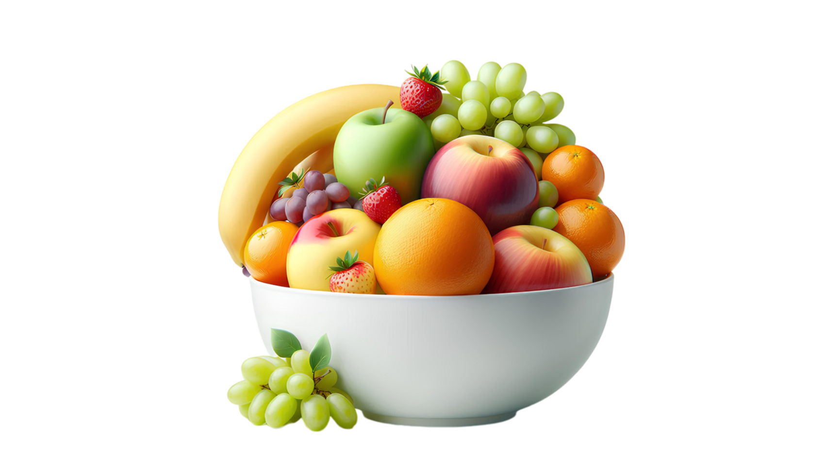 assortment of fresh fruits including bananas, apples, oranges, grapes, and kiwi arranged in a white bowl, showcasing natural colors and healthy freshness png