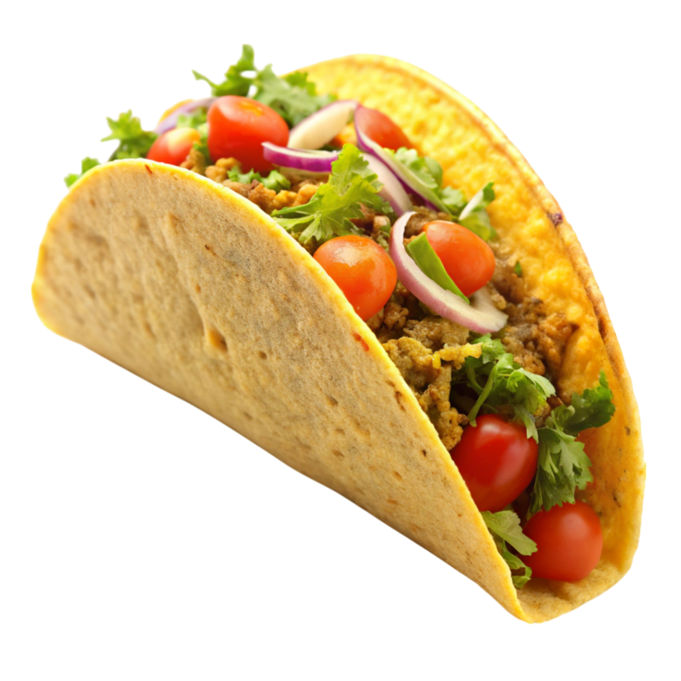 Mexican style taco filled with ground beef, diced tomatoes, cheese, lettuce, and cilantro, isolated on a Transparent Background. png