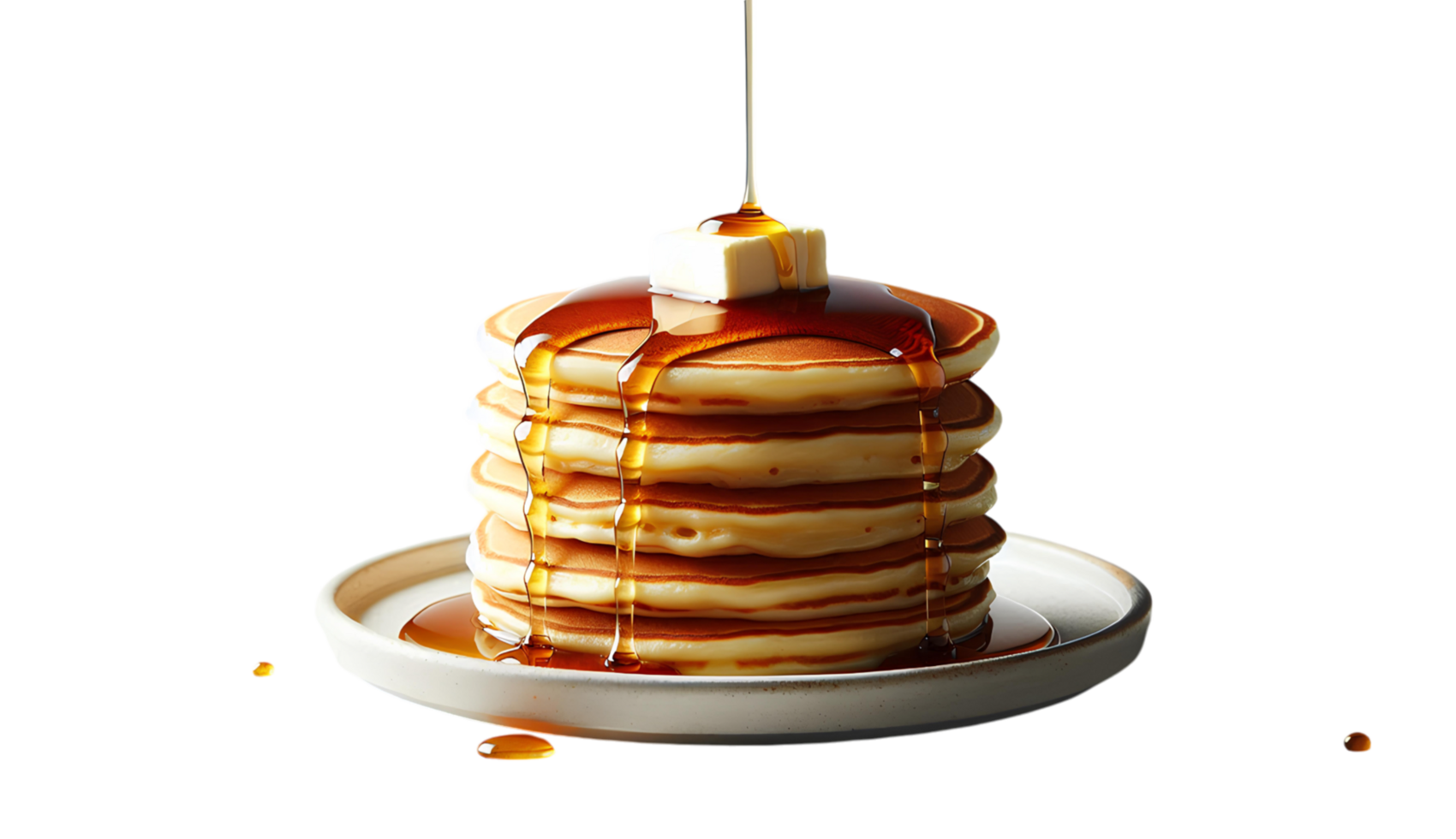 Stack of fluffy pancakes topped with a pat butter, generously drizzled with golden maple syrup, creating a perfect breakfast treat on a white plate png