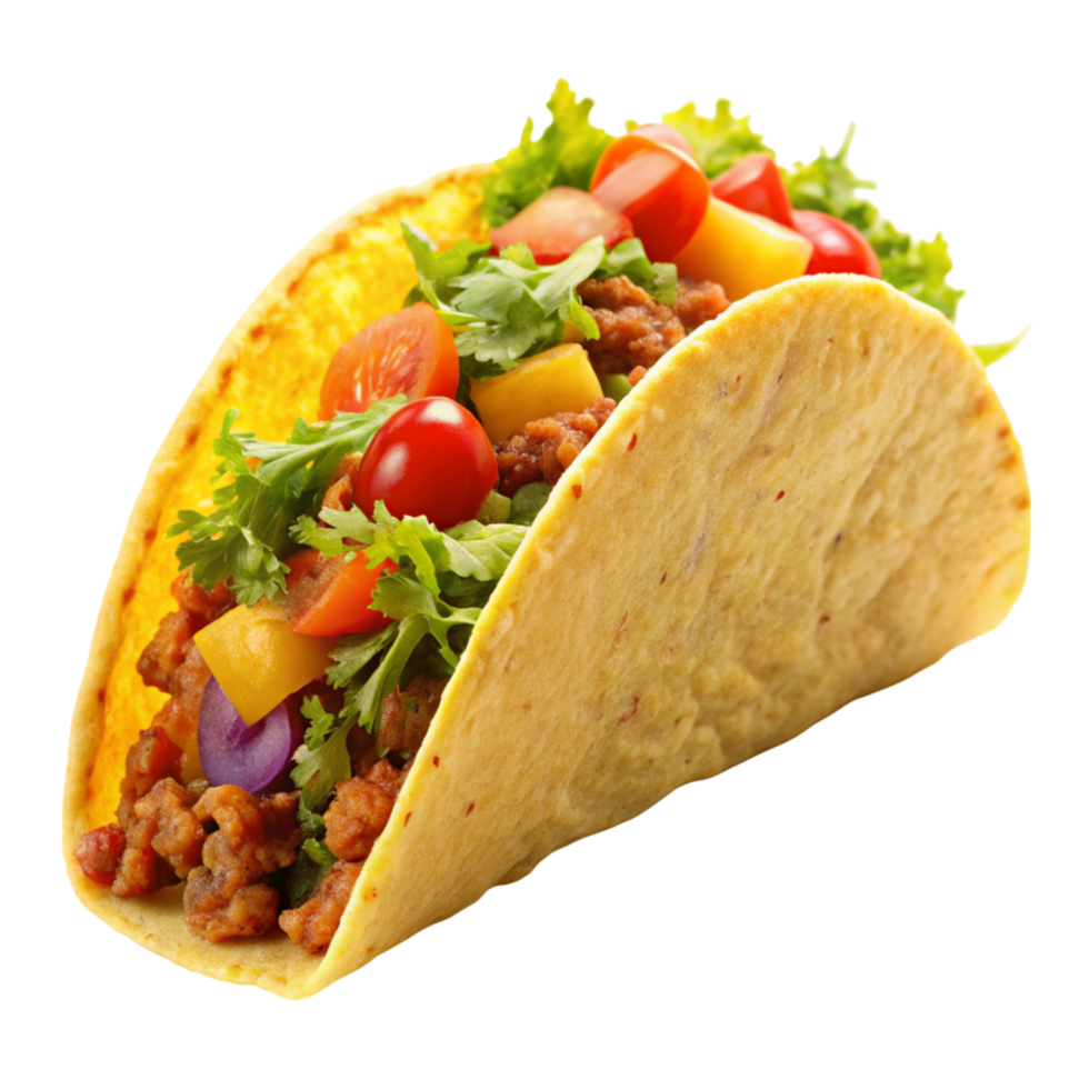 Freshly made taco with seasoned ground meat, tomatoes, lettuce, and cheese, wrapped in a crispy yellow tortilla shell. png