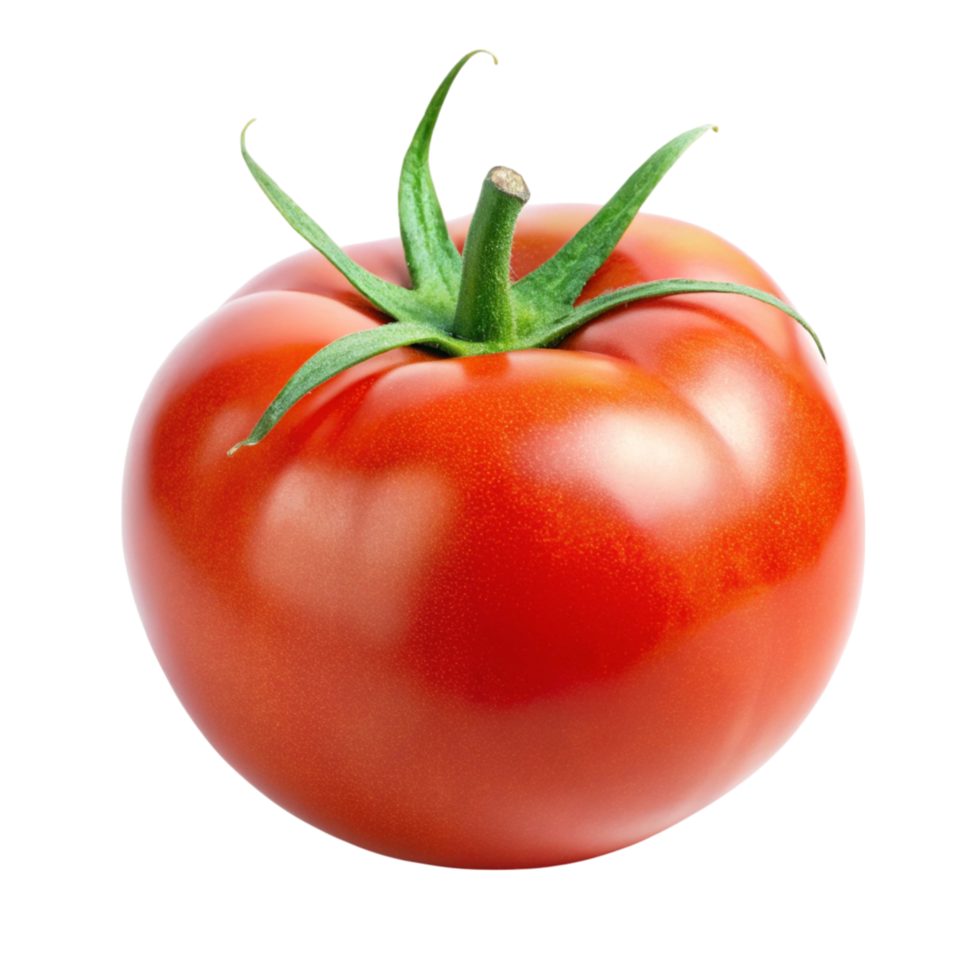 Fresh ripe red tomato with green stem, isolated on Transparent Background, showcasing vibrant color and smooth texture. png