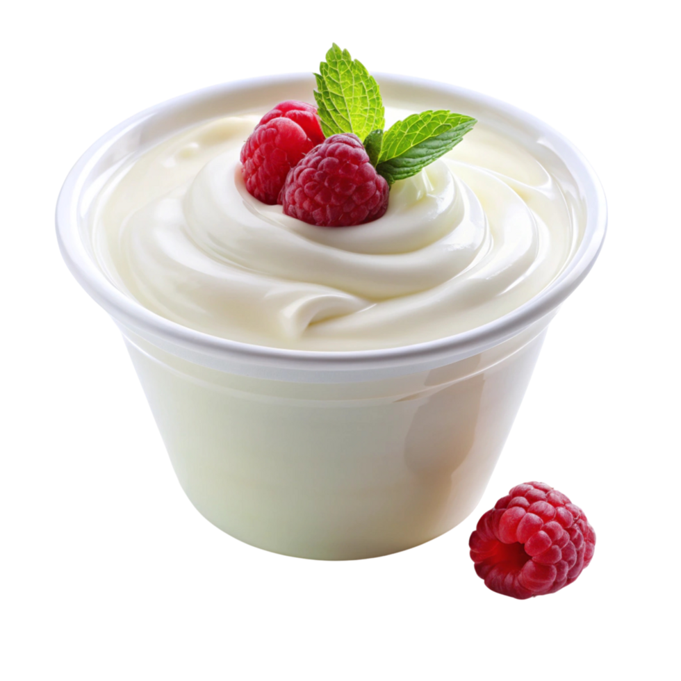 Delicious and smooth Greek yogurt topped with juicy berries and mint leaves, presented in a sleek bowl with a spoon. png