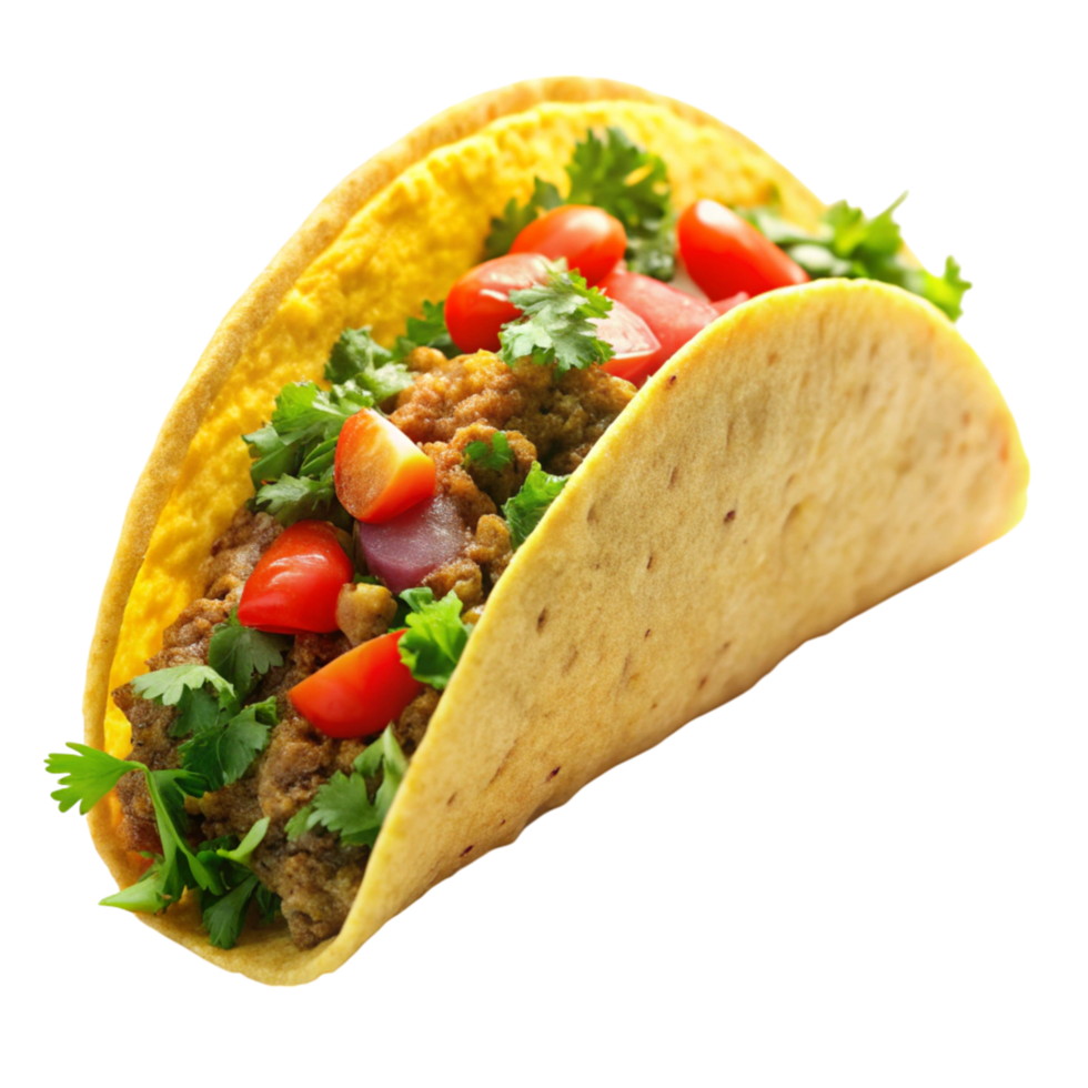 Vibrant taco with fresh ingredients like lettuce, cherry tomatoes, yellow peppers, and minced meat in a crunchy shell. png
