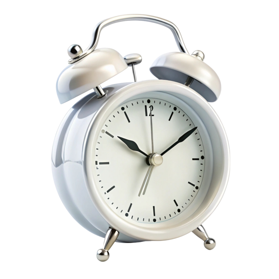 Vintage style white metal alarm clock with analog face and black numerals, ideal for time and punctuality themed visuals png
