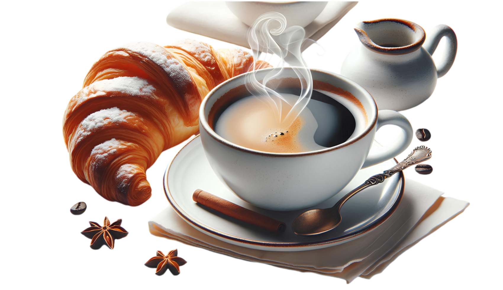 Freshly brewed coffee in a white cup with a crispy golden croissant, perfect breakfast combination with steam rising, symbolizing warmth and freshness png
