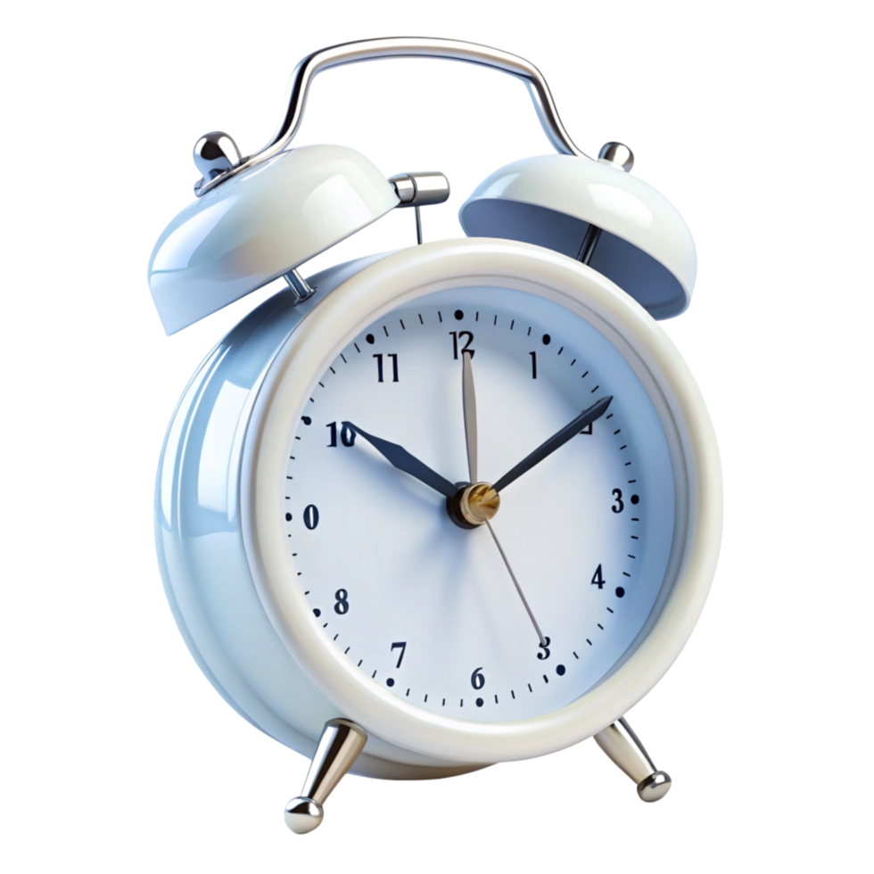 Retro white twin bell alarm clock displaying twelve o clock, isolated against black, perfect for morning and wake up concepts png