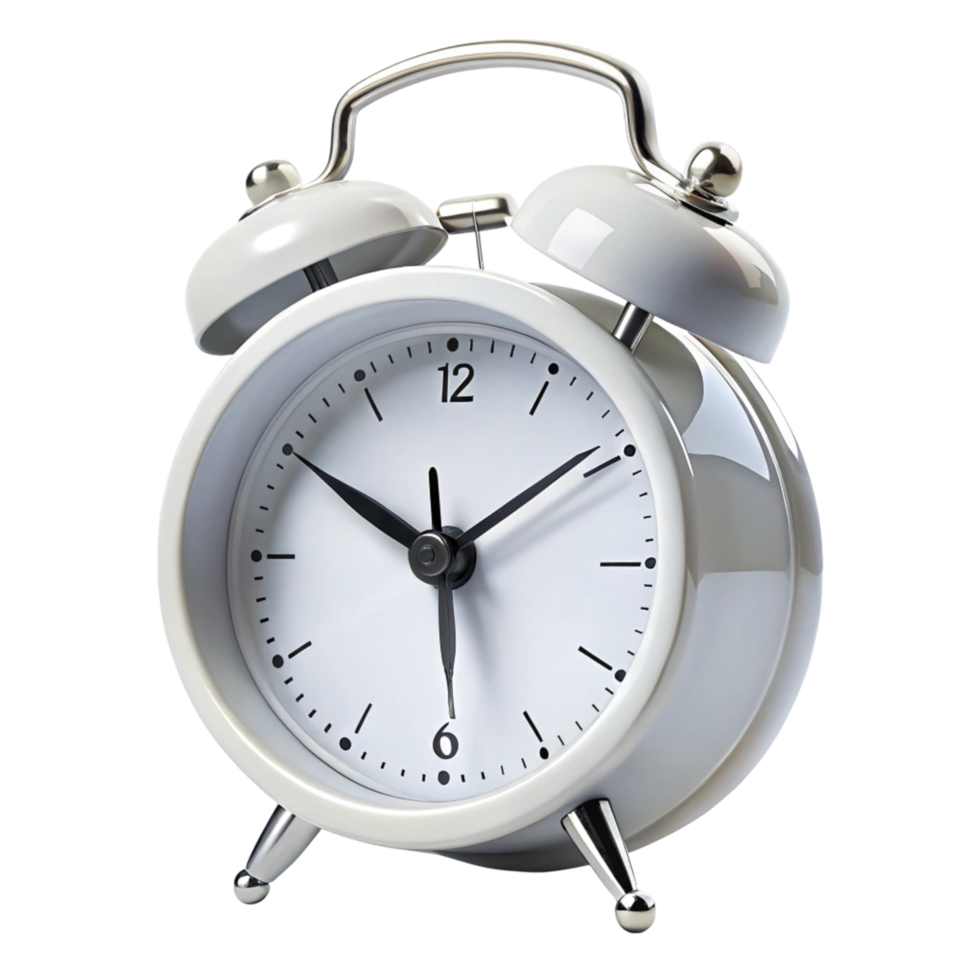 Minimalistic white alarm clock with metal accents, representing classic timekeeping and early morning routines png