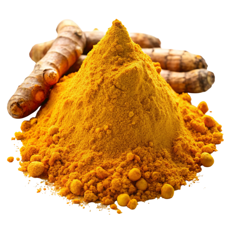Ground turmeric spice and raw roots, highlighting natural color and texture for culinary and medicinal applications. png