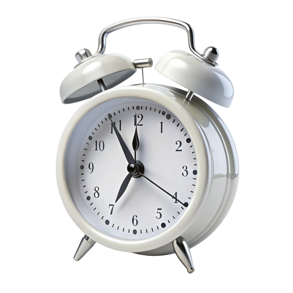 Classic white alarm clock with twin bells and metal handle, isolated on a black background, showing time with clear hands png