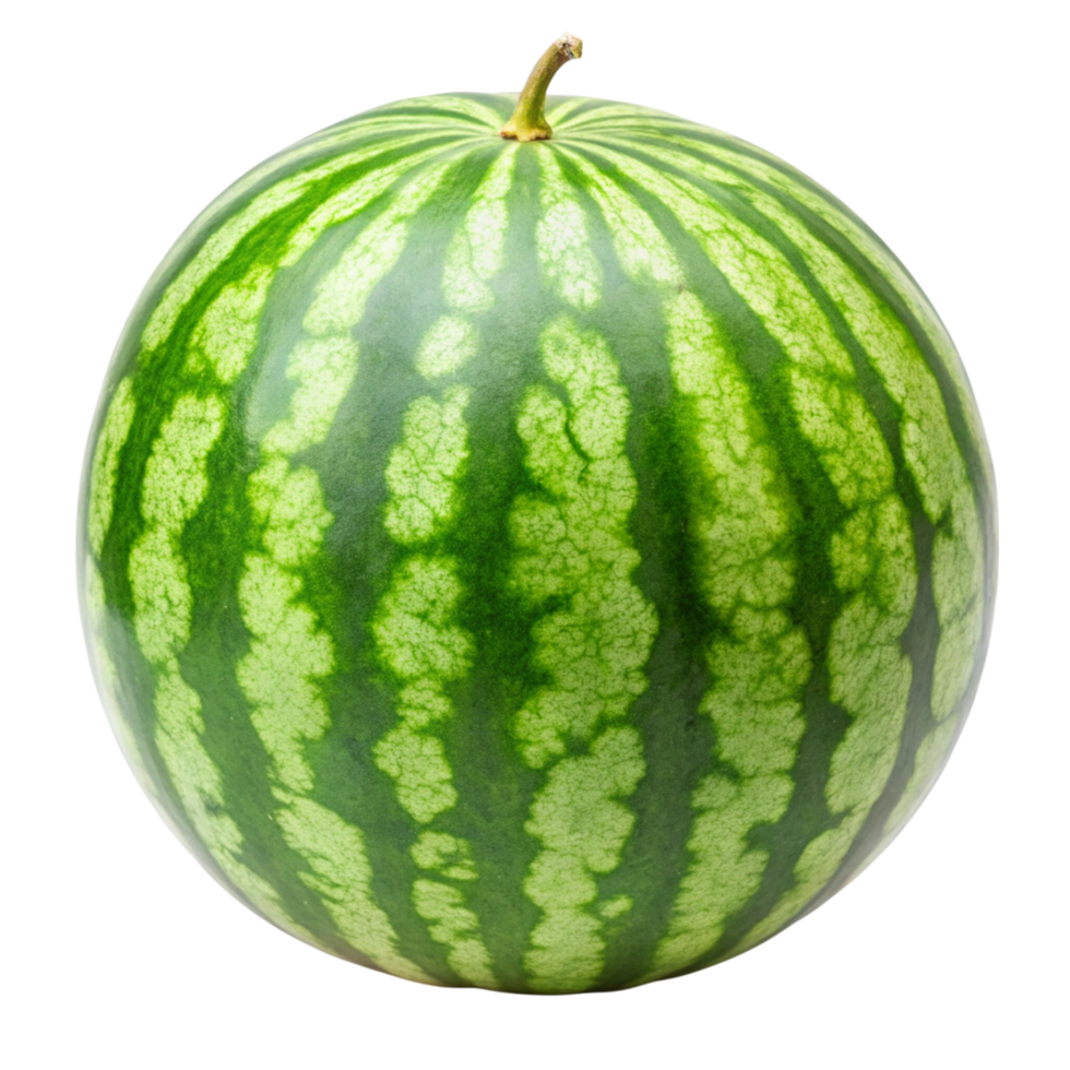 Close up of a large, whole watermelon showcasing natural texture and fresh appearance on a clean Transparent Background. png