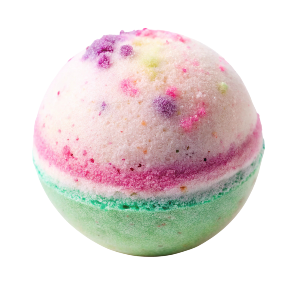 Colorful bath bomb with pastel hues of pink, green, and purple isolated on a white background, ideal for spa themes png