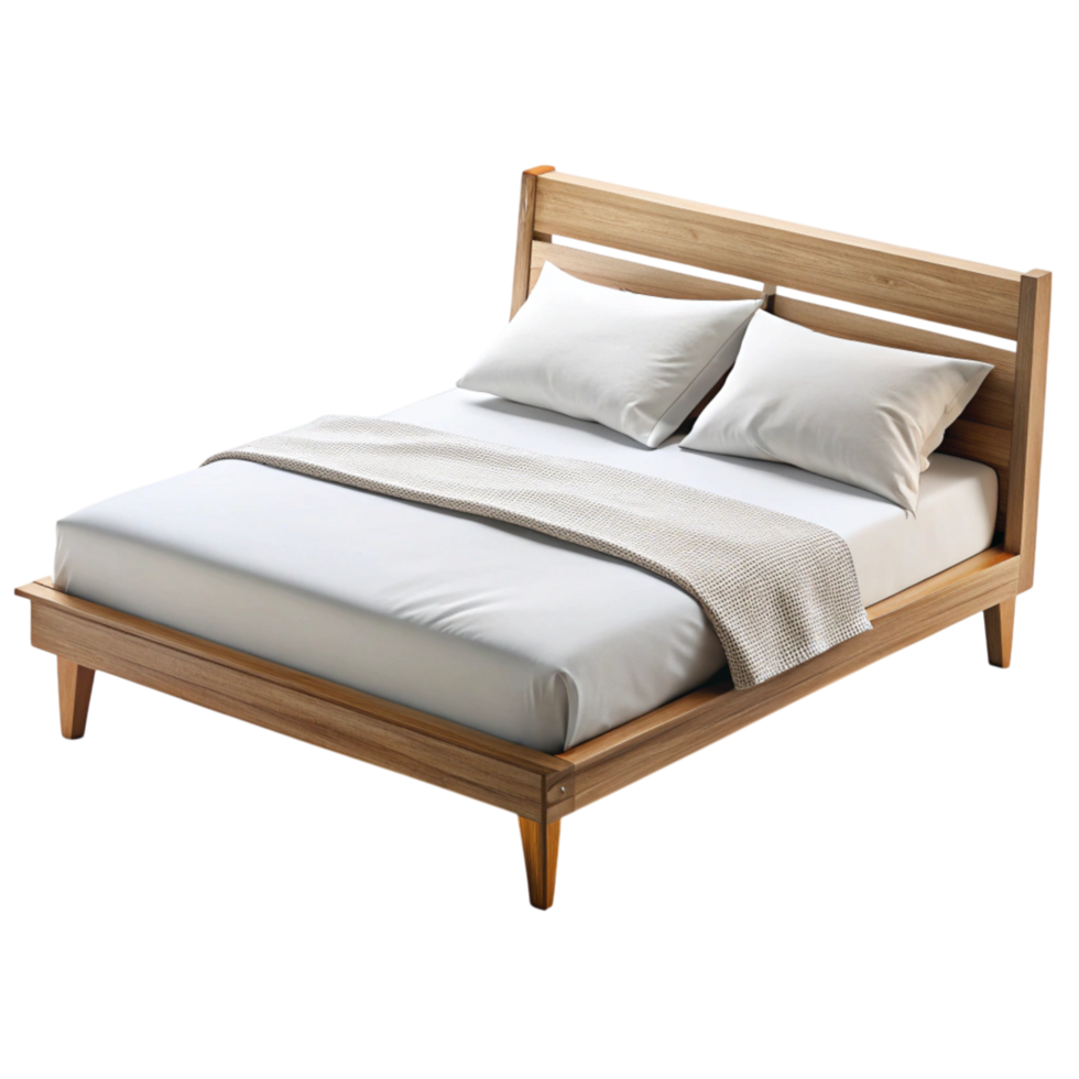 Elegant wooden bed frame with upholstered headboard and neutral bedding on a white background png