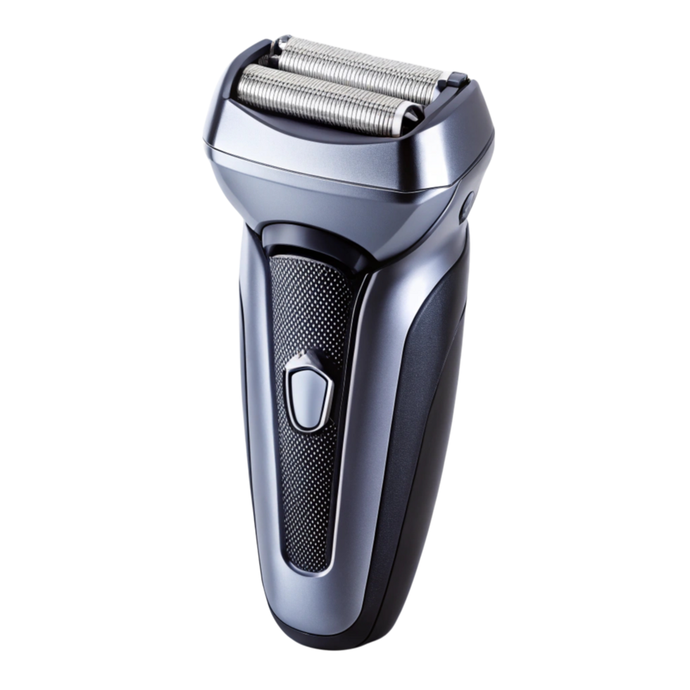 High performance electric razor with dual cutting heads for close shave, in metallic gray finish on Transparent Background png