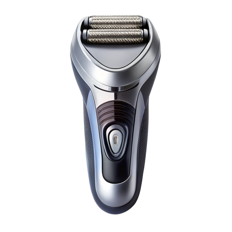 Modern electric shaver in sleek silver design with precision cutting technology, ergonomic grip, and cordless use png