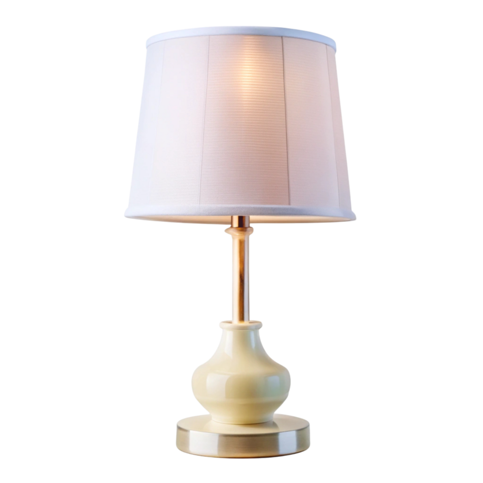 White ceramic table lamp with fabric shade, perfect addition to living room or bedroom decor setup png