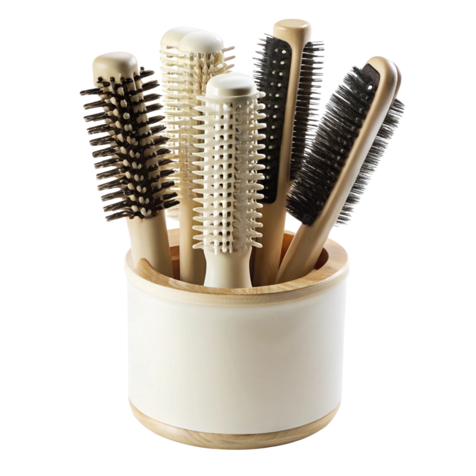 Assorted hairbrushes organized in an elegant white holder on a clean Transparent Background png