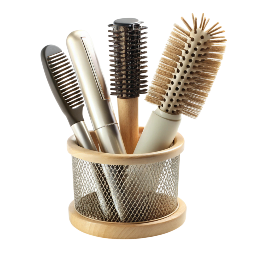 Stylish hairbrush collection in a sleek holder, ideal for salon and personal grooming png