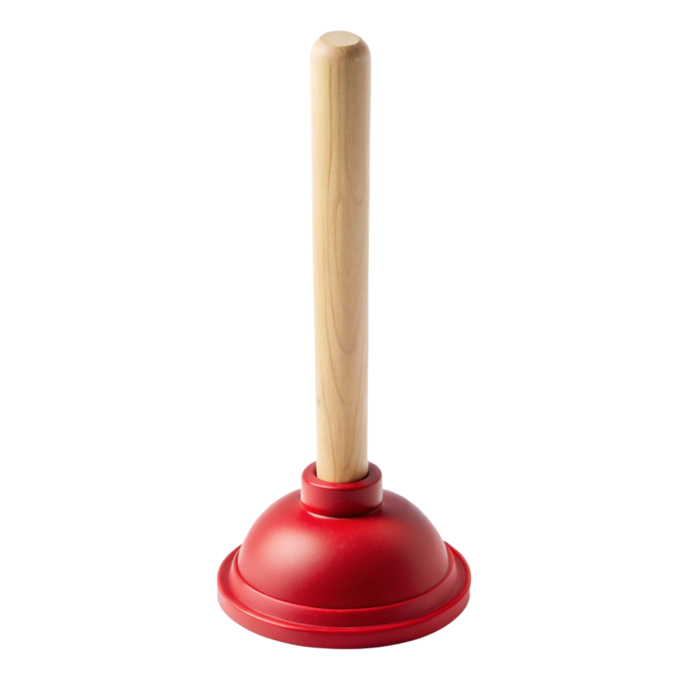 Classic rubber plunger with wooden grip, designed for efficient unclogging and essential bathroom tool png