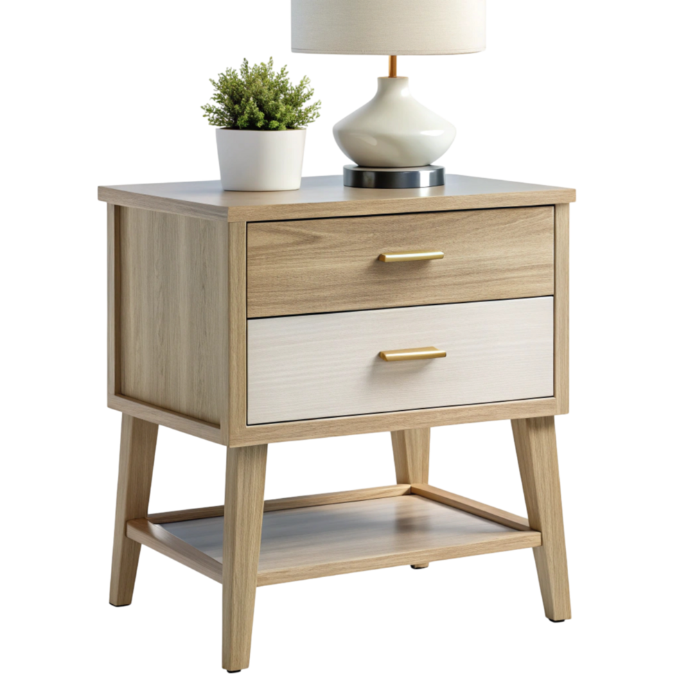 Elegant bedside table with storage drawers and a minimalist lamp, enhancing functionality and style in the bedroom png